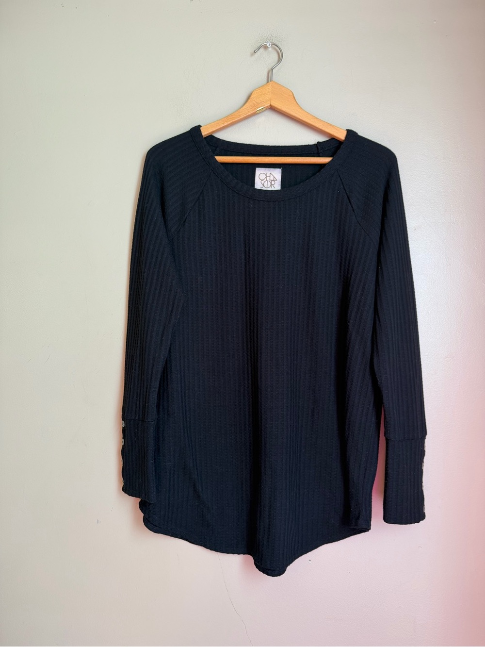 Chaser Sz XL Waffle Knit Thermal Henley Top Black Longline Comfy Casual Lounge